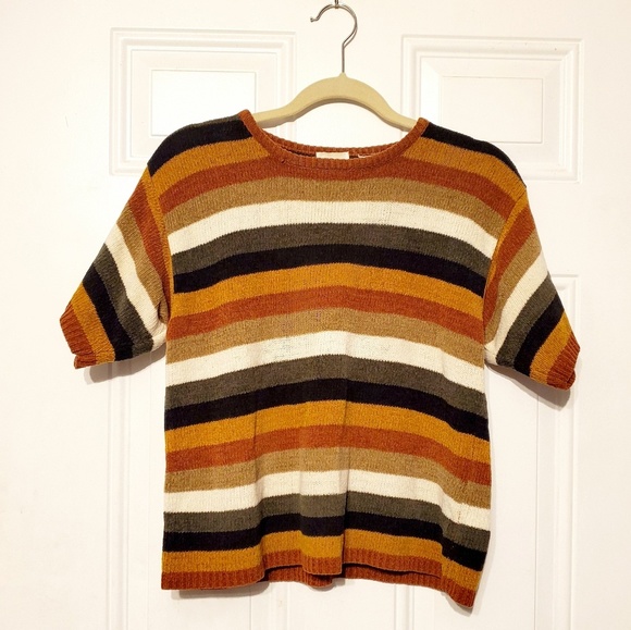 Vintage Sweaters - Vintage Pumpkin Vibes Striped Fall Sweater L